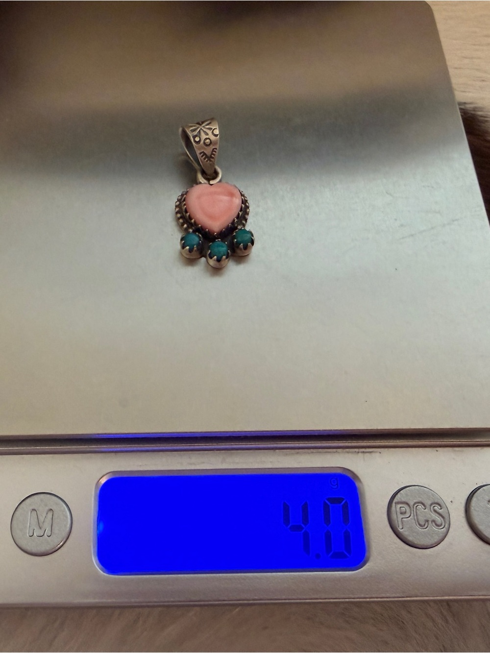 ❤️ Pink Conch Heart & Kingman Turquoise 3-Stone Sterling Silver Pendant - Picture 8 of 12